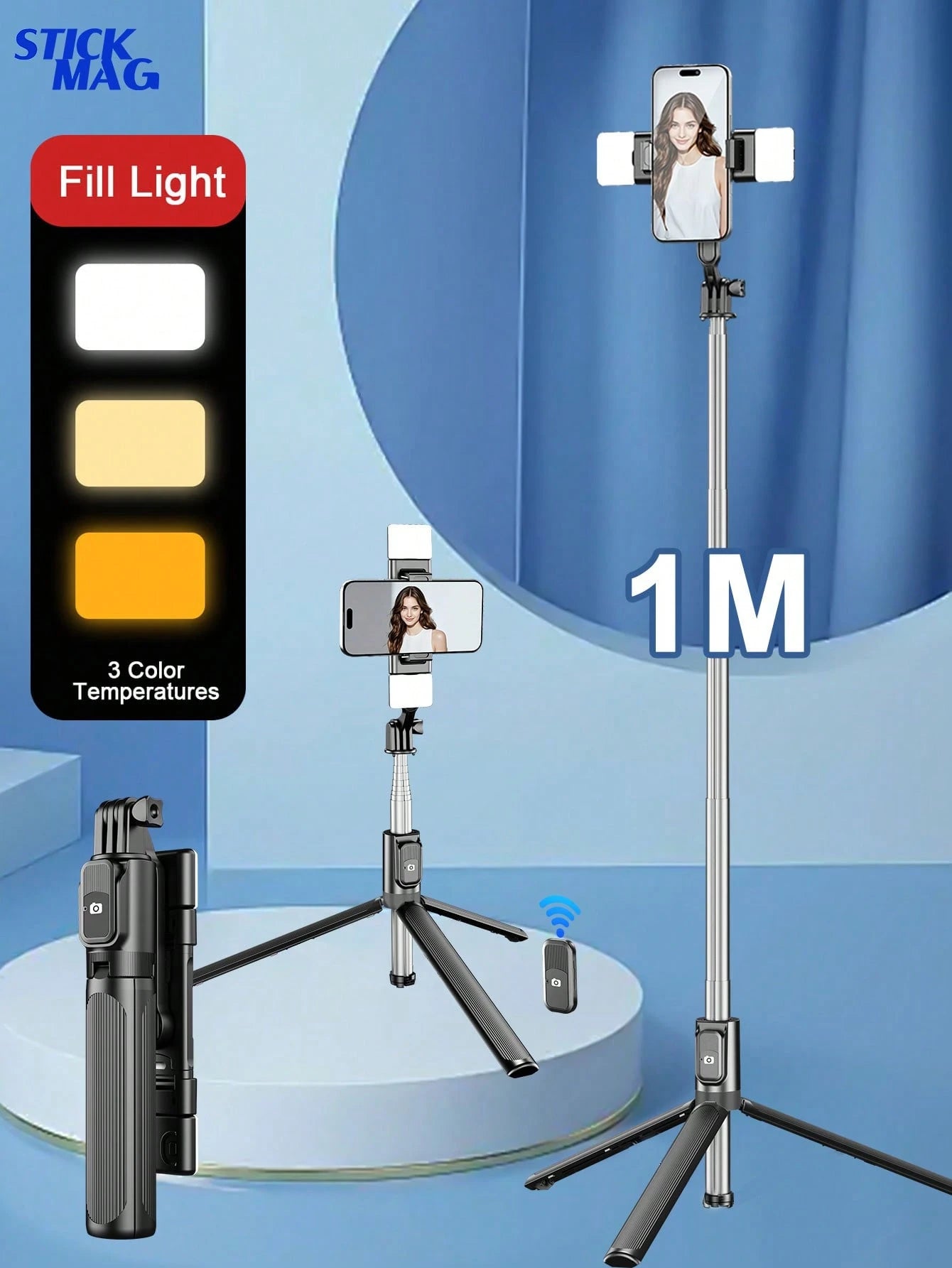 STICKMAG 100cm Wireless Bluetooth Selfie Stick Tripod With LED 3-Speed Adjustable Beauty Light, 360° Rotating Stainless Steel Anti-Shake, Suitable For Smartphones