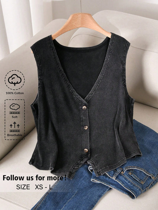 Story & Sage Women's Casual Back-To-School Fitted Vest, Spring/Summer Snowflake Decor Button Black For Women Daily Wear School
