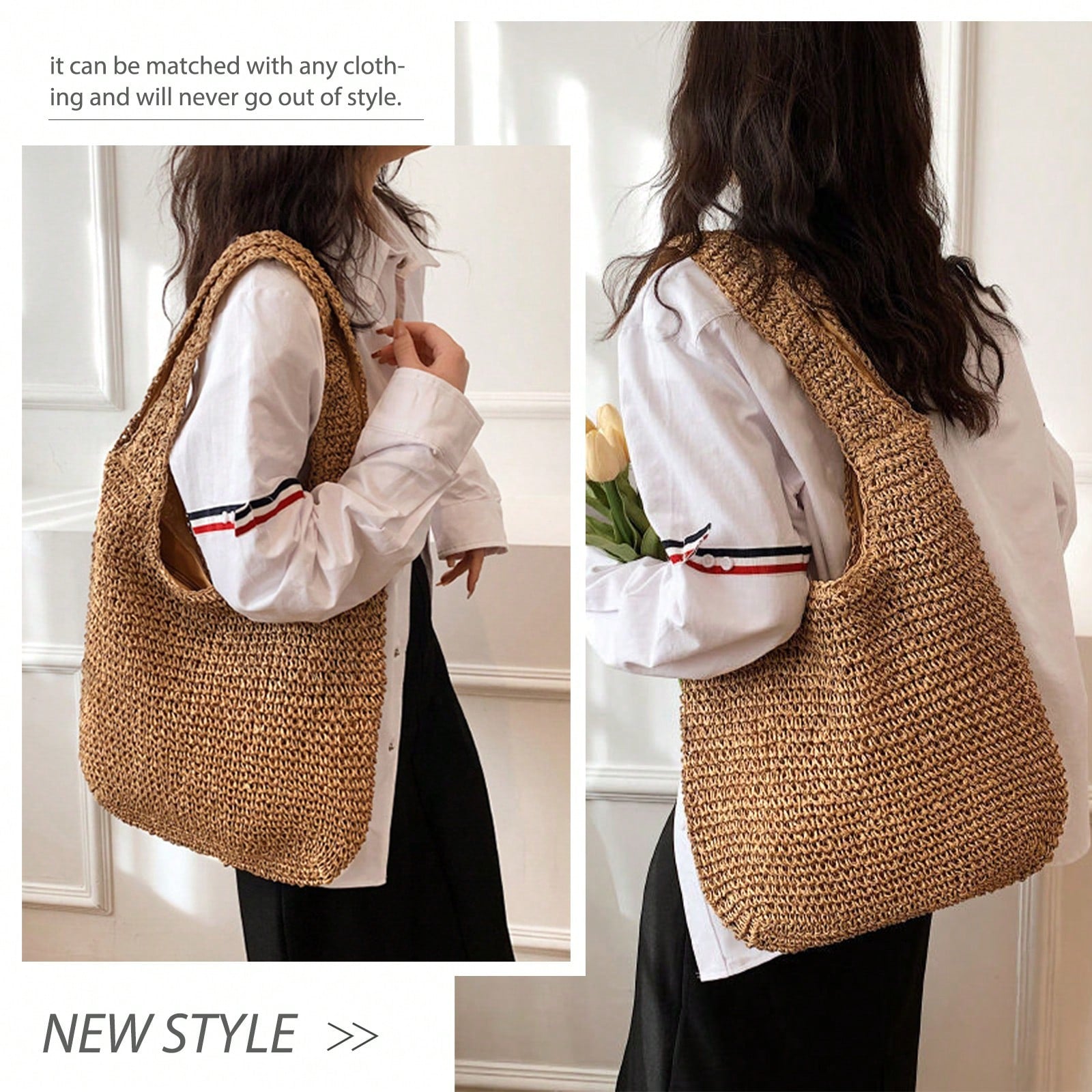 Straw Beach Bag For Women,Straw Woven Bag,Large Capacity Summer Bag,For Beach Travel,Outings,Dates,Shopping,Daily Use,Gifts,Vacation Essentials