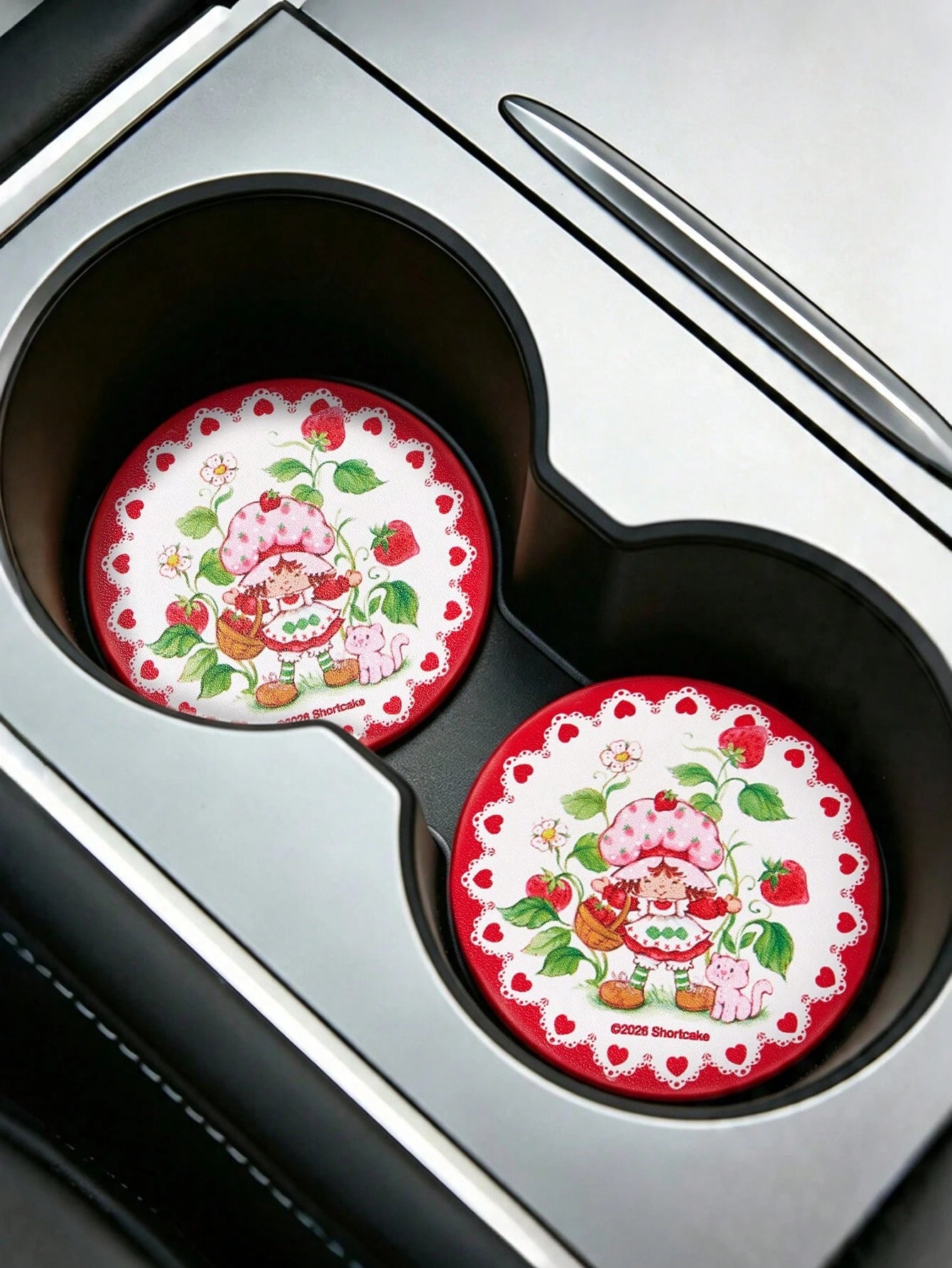 Strawberry Shortcake X Cute Cartoon Character Printed Car Coaster, 1/2-Piece Non-Slip Cup Holder Mat For Automotive Interior,Strawberry