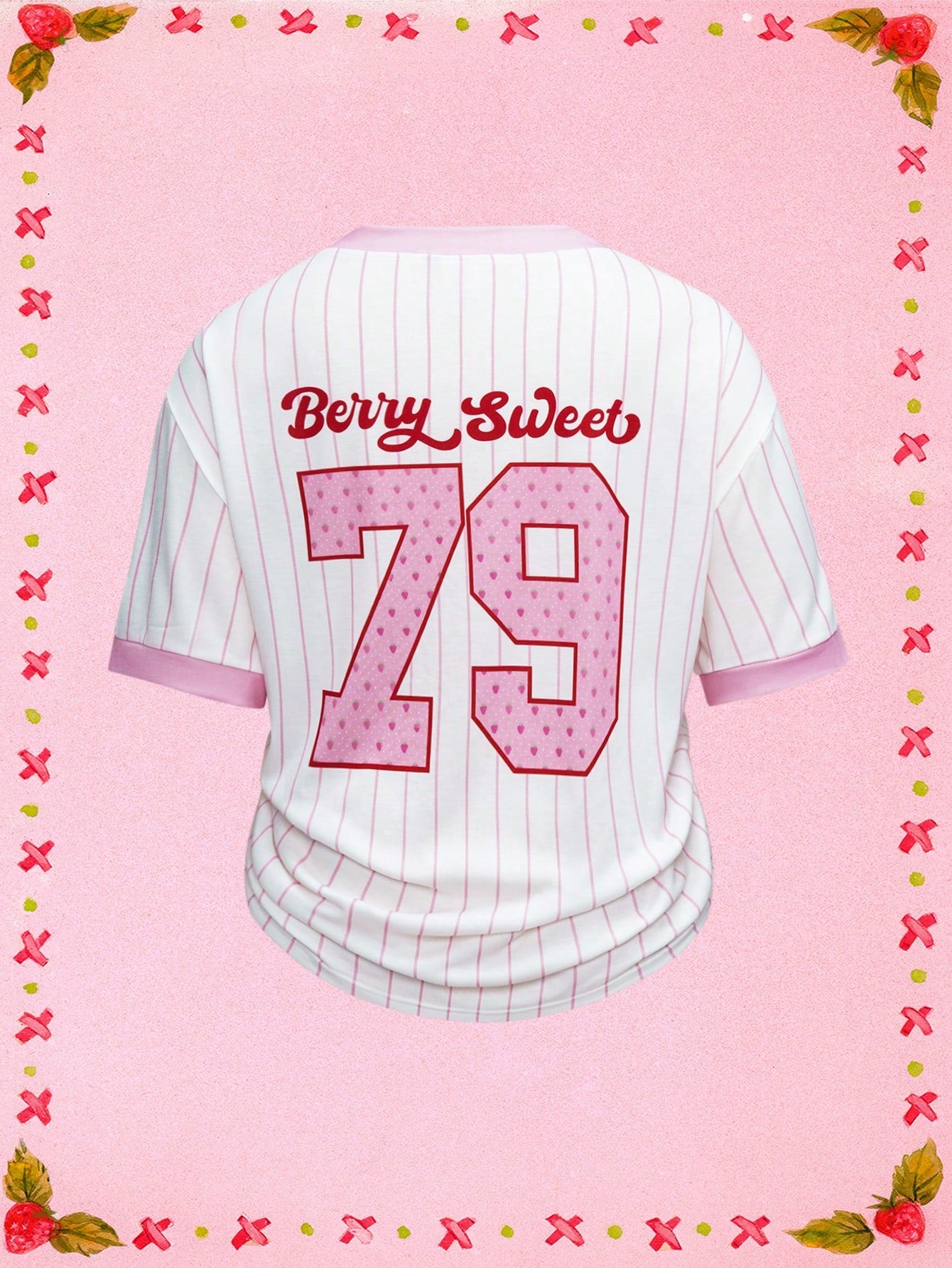 Strawberry Shortcake X Plus Size Letter & Striped Print Contrast Trim V-Neck Short Sleeve T-Shirt
