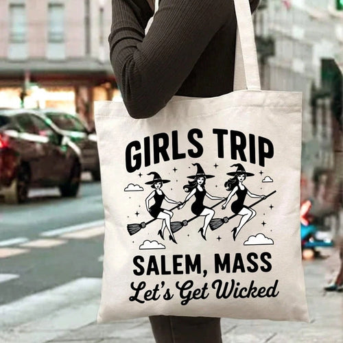 Stylish Canvas Tote Bag For Women- " Trip Salem, Mass Let'S Get Wicked" Witch Design With Black Witches Riding Brooms- Reusable, Durable Shoulder Bag For Travel, Shopping & Halloween Parties- Machi