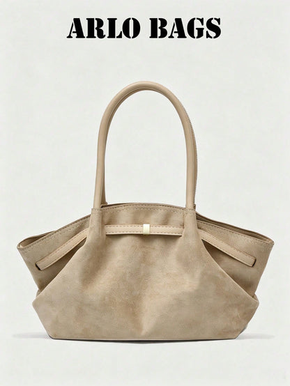 Stylish Suede Tote Bag With Contrasting PU Handles, Gold Square Metal Buckle, Soft And Spacious Design, Perfect For Everyday Commuting.