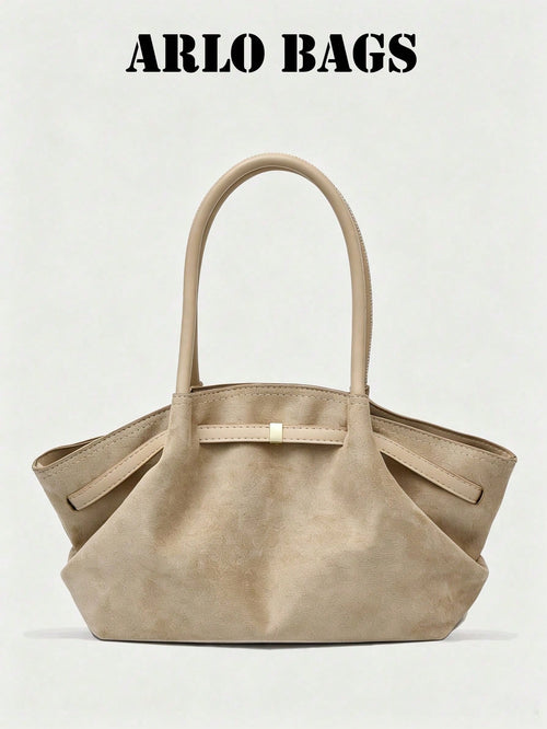 Stylish Suede Tote Bag With Contrasting PU Handles, Gold Square Metal Buckle, Soft And Spacious Design, Perfect For Everyday Commuting.