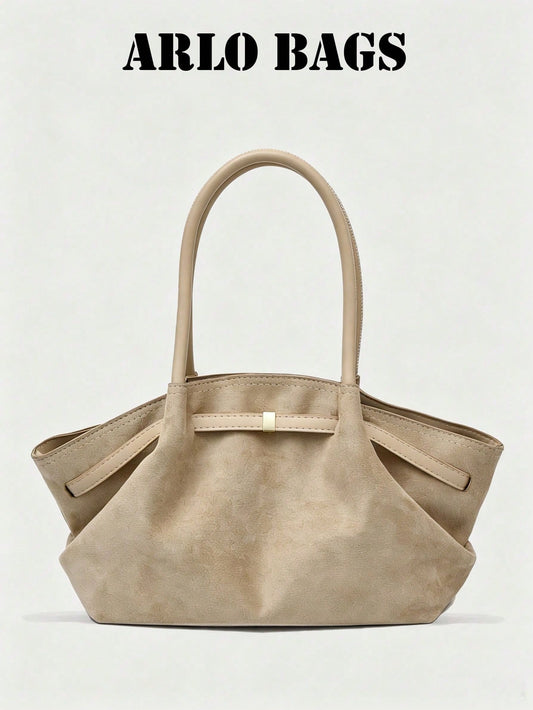 Stylish Suede Tote Bag With Contrasting PU Handles, Gold Square Metal Buckle, Soft And Spacious Design, Perfect For Everyday Commuting.
