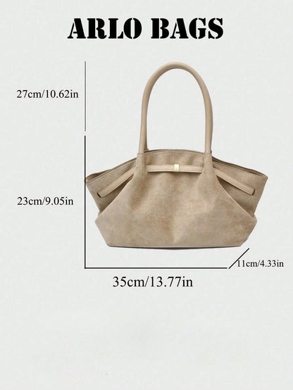 Stylish Suede Tote Bag With Contrasting PU Handles, Gold Square Metal Buckle, Soft And Spacious Design, Perfect For Everyday Commuting.