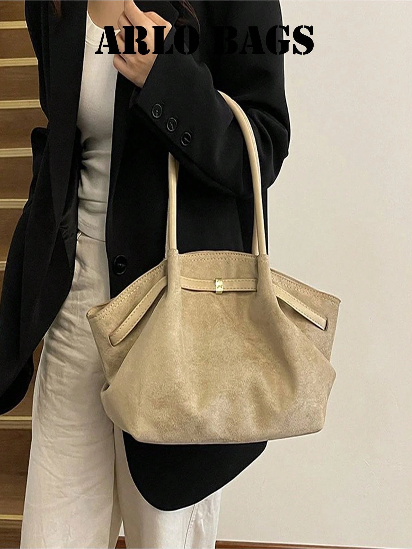 Stylish Suede Tote Bag With Contrasting PU Handles, Gold Square Metal Buckle, Soft And Spacious Design, Perfect For Everyday Commuting.