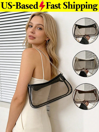 Summer Clear Bag For Stadium Events Chain Shoulder Bag PVC Transparent Bag Jelly Black Purse Handbag Beach Bag Stadium Bag For Travel Birthday Gift