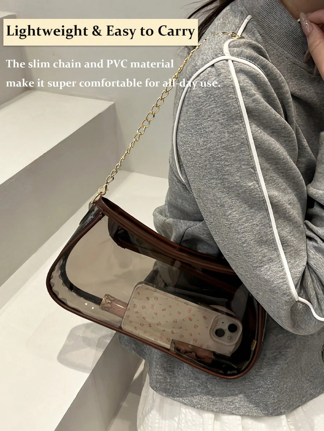 Summer Clear Bag For Stadium Events Chain Shoulder Bag PVC Transparent Bag Jelly Black Purse Handbag Beach Bag Stadium Bag For Travel Birthday Gift