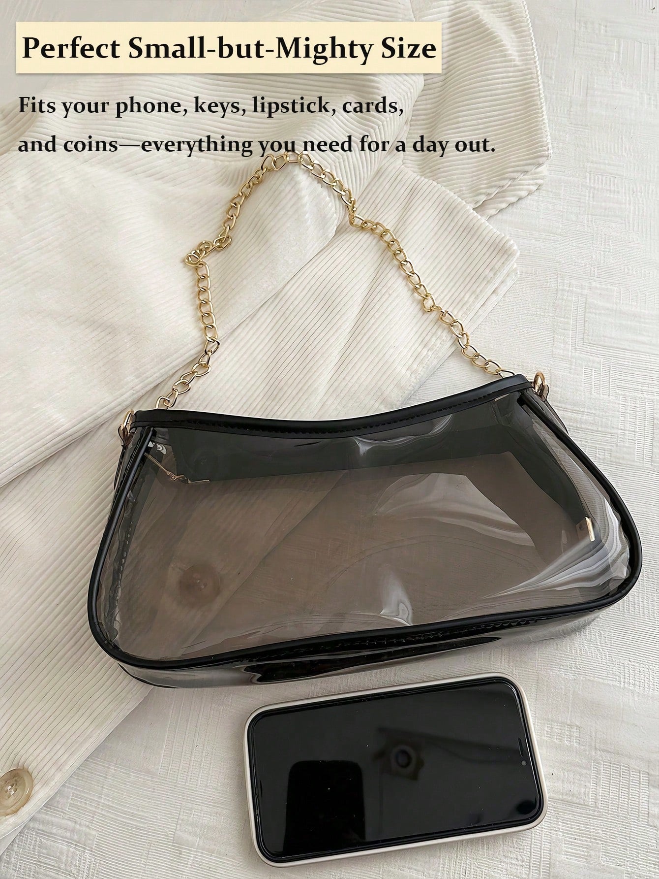 Summer Clear Bag For Stadium Events Chain Shoulder Bag PVC Transparent Bag Jelly Black Purse Handbag Beach Bag Stadium Bag For Travel Birthday Gift