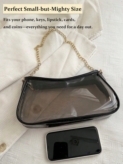 Summer Clear Bag For Stadium Events Chain Shoulder Bag PVC Transparent Bag Jelly Black Purse Handbag Beach Bag Stadium Bag For Travel Birthday Gift