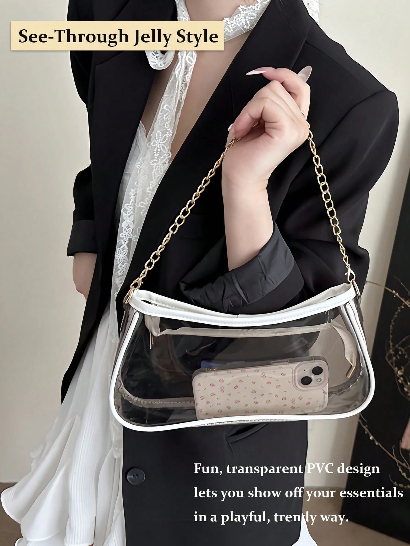 Summer Clear Bag For Stadium Events Chain Shoulder Bag PVC Transparent Bag Jelly Black Purse Handbag Beach Bag Stadium Bag For Travel Birthday Gift