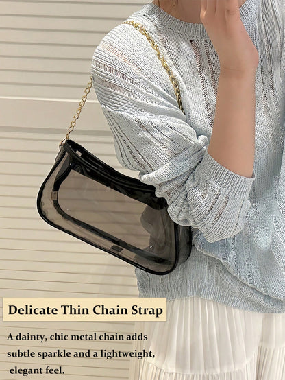Summer Clear Bag For Stadium Events Chain Shoulder Bag PVC Transparent Bag Jelly Black Purse Handbag Beach Bag Stadium Bag For Travel Birthday Gift