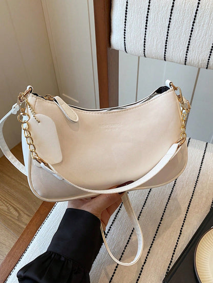 Summer Elegant Solid Color Handbag With Pendant, Classic Multi-Use Fashion Letter Decor Women's Shoulder Crossbody Bag, Suitable For Shopping, Wallet, Young Women, College Students, Newlyweds, Office