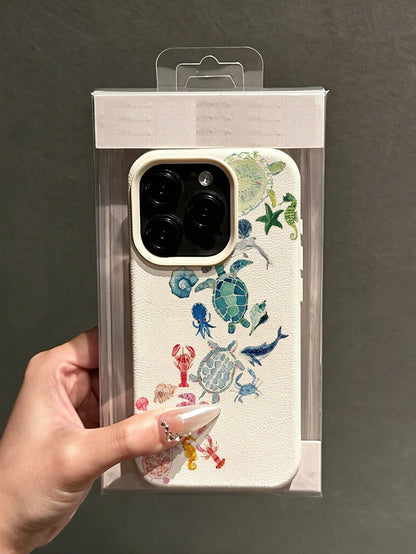 Summer Fashion Cute Colorful Turtle Lobster Dolphin Starfish Pattern White Matte Full Coverage Shockproof Phone Case Compatible With IPhone 17/17Pro/17ProMax/16/16Pro/16ProMax/15/15Pro/15ProMax/14/13