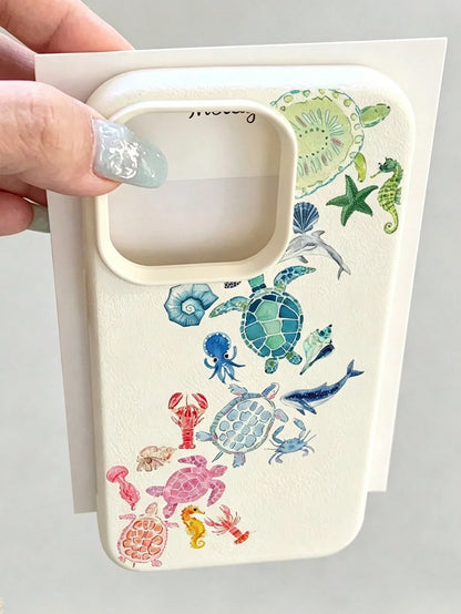 Summer Fashion Cute Colorful Turtle Lobster Dolphin Starfish Pattern White Matte Full Coverage Shockproof Phone Case Compatible With IPhone 17/17Pro/17ProMax/16/16Pro/16ProMax/15/15Pro/15ProMax/14/13