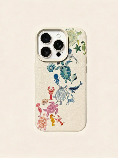 Summer Fashion Cute Colorful Turtle Lobster Dolphin Starfish Pattern White Matte Full Coverage Shockproof Phone Case Compatible With IPhone 17/17Pro/17ProMax/16/16Pro/16ProMax/15/15Pro/15ProMax/14/13