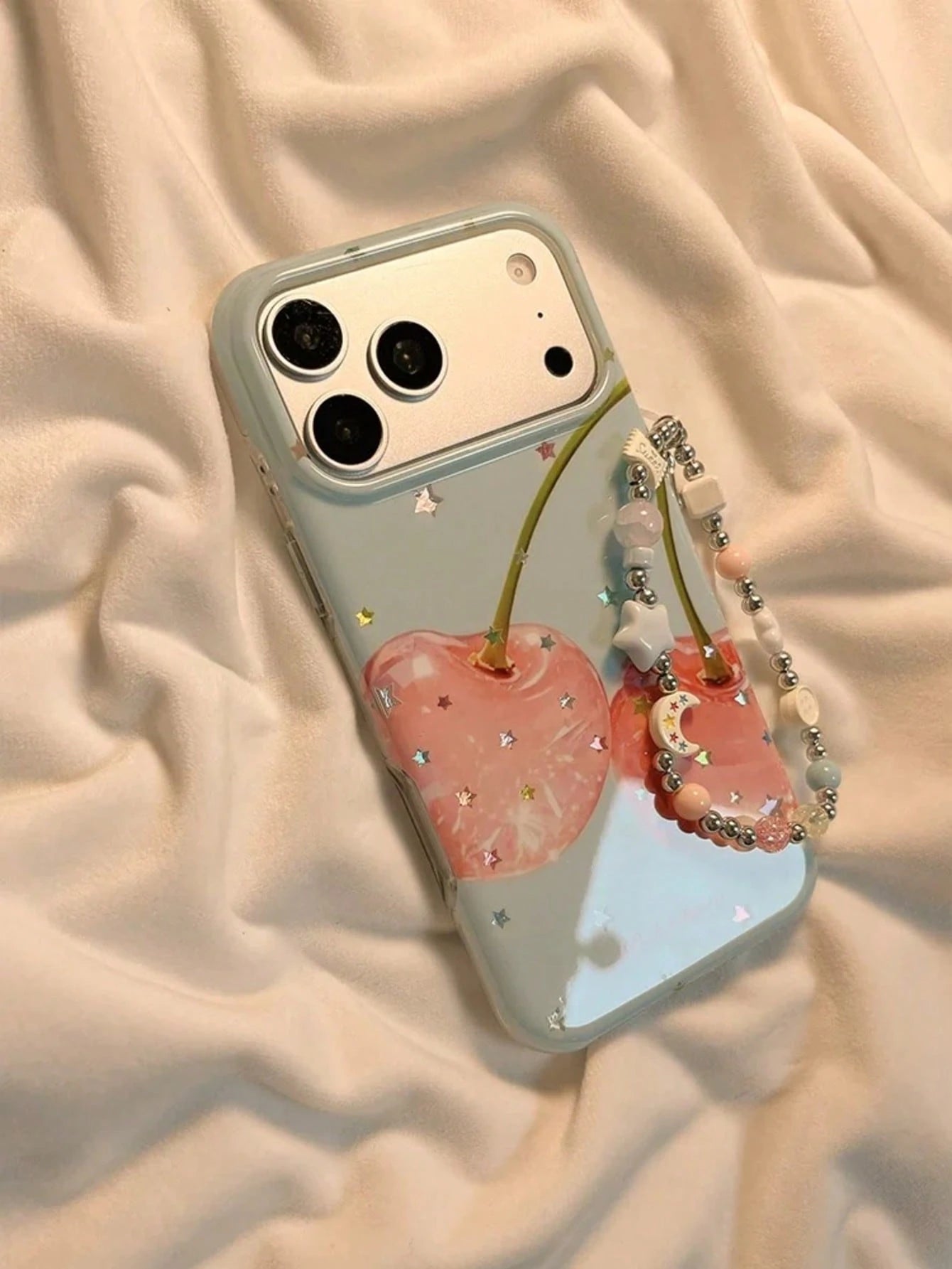 Summer Ins Healing Style Gold Star Cherry Phone Case Compatible With Apple 17 Pro Max, 16 Pro, 13, 14 Pro, 15 Pro With Chain, Full Coverage Anti-Drop Phone Cover For Women