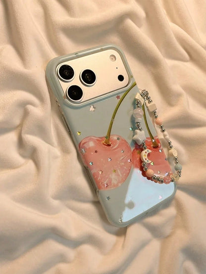 Summer Ins Healing Style Gold Star Cherry Phone Case Compatible With Apple 17 Pro Max, 16 Pro, 13, 14 Pro, 15 Pro With Chain, Full Coverage Anti-Drop Phone Cover For Women