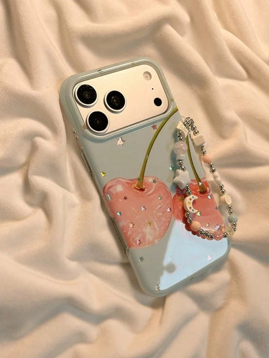 Summer Ins Healing Style Gold Star Cherry Phone Case Compatible With Apple 17 Pro Max, 16 Pro, 13, 14 Pro, 15 Pro With Chain, Full Coverage Anti-Drop Phone Cover For Women
