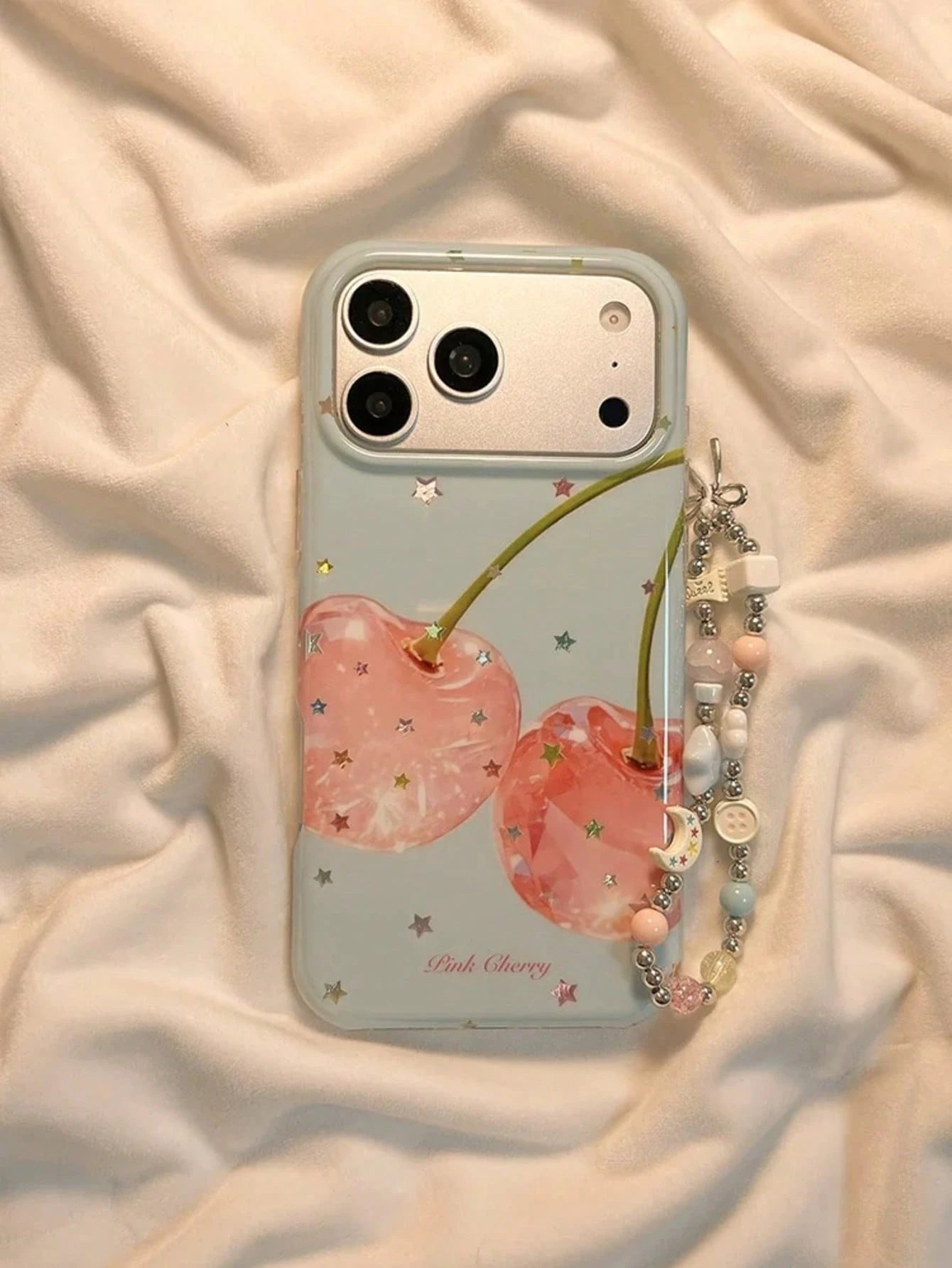 Summer Ins Healing Style Gold Star Cherry Phone Case Compatible With Apple 17 Pro Max, 16 Pro, 13, 14 Pro, 15 Pro With Chain, Full Coverage Anti-Drop Phone Cover For Women