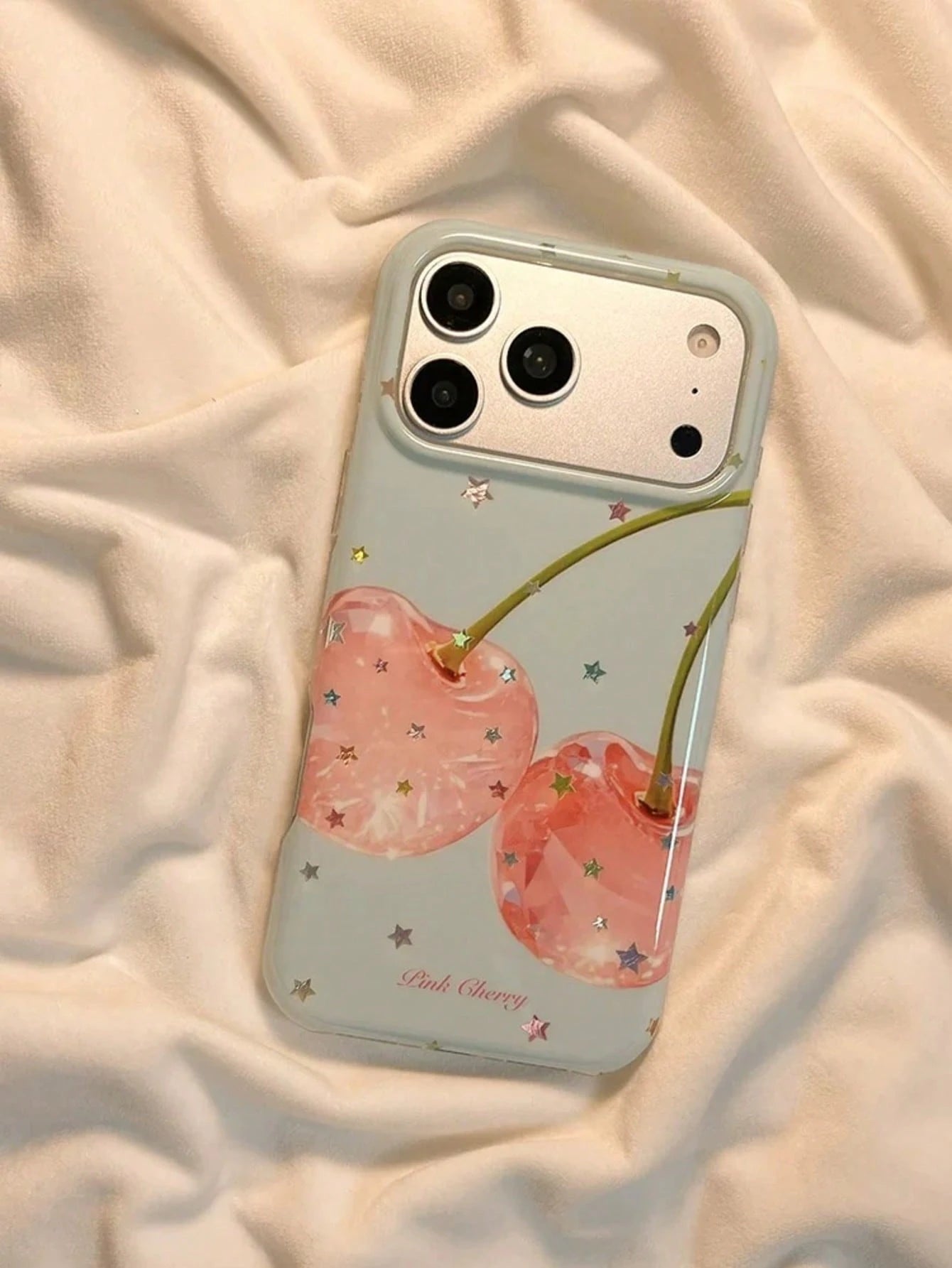 Summer Ins Healing Style Gold Star Cherry Phone Case Compatible With Apple 17 Pro Max, 16 Pro, 13, 14 Pro, 15 Pro With Chain, Full Coverage Anti-Drop Phone Cover For Women