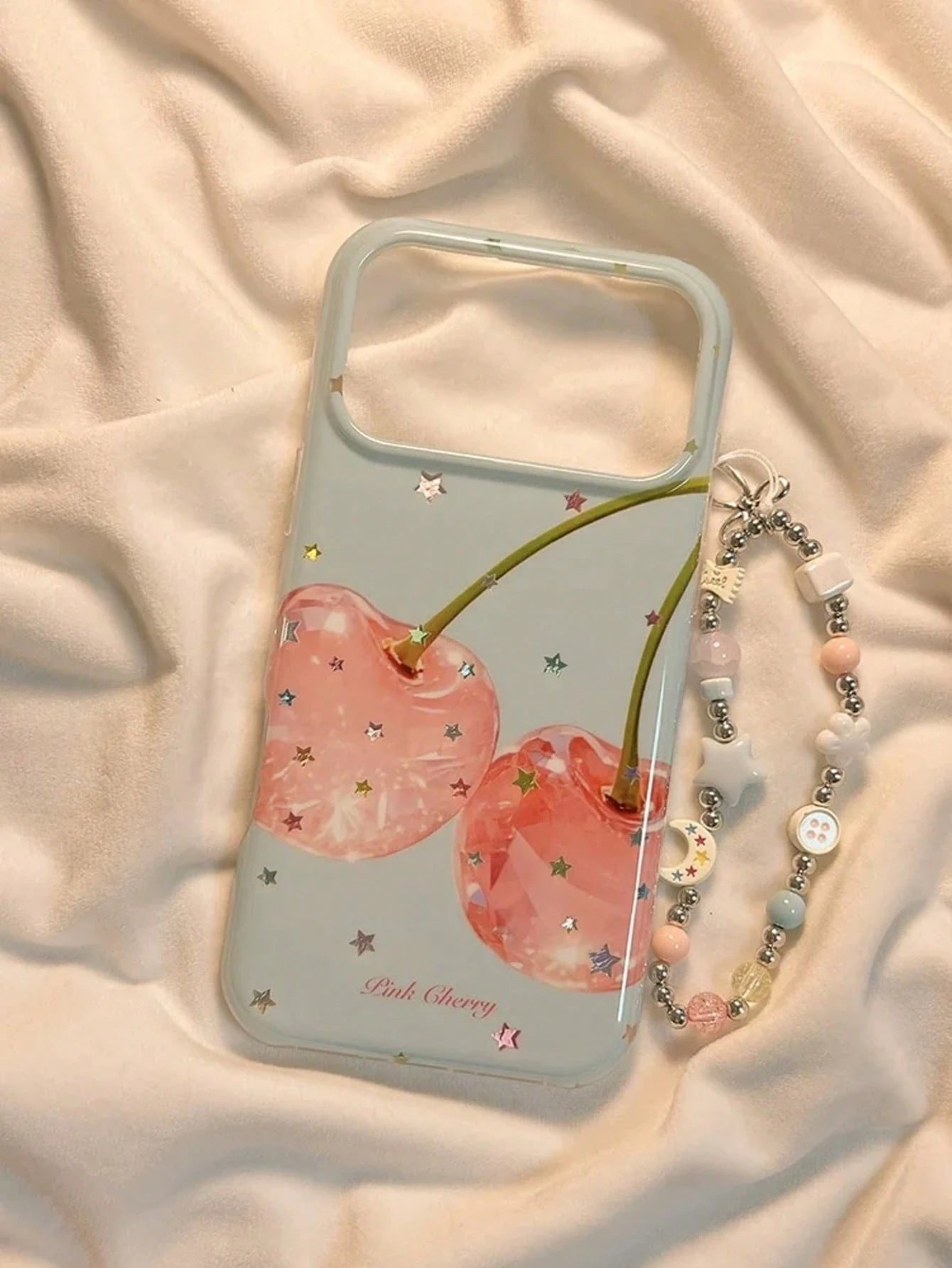 Summer Ins Healing Style Gold Star Cherry Phone Case Compatible With Apple 17 Pro Max, 16 Pro, 13, 14 Pro, 15 Pro With Chain, Full Coverage Anti-Drop Phone Cover For Women