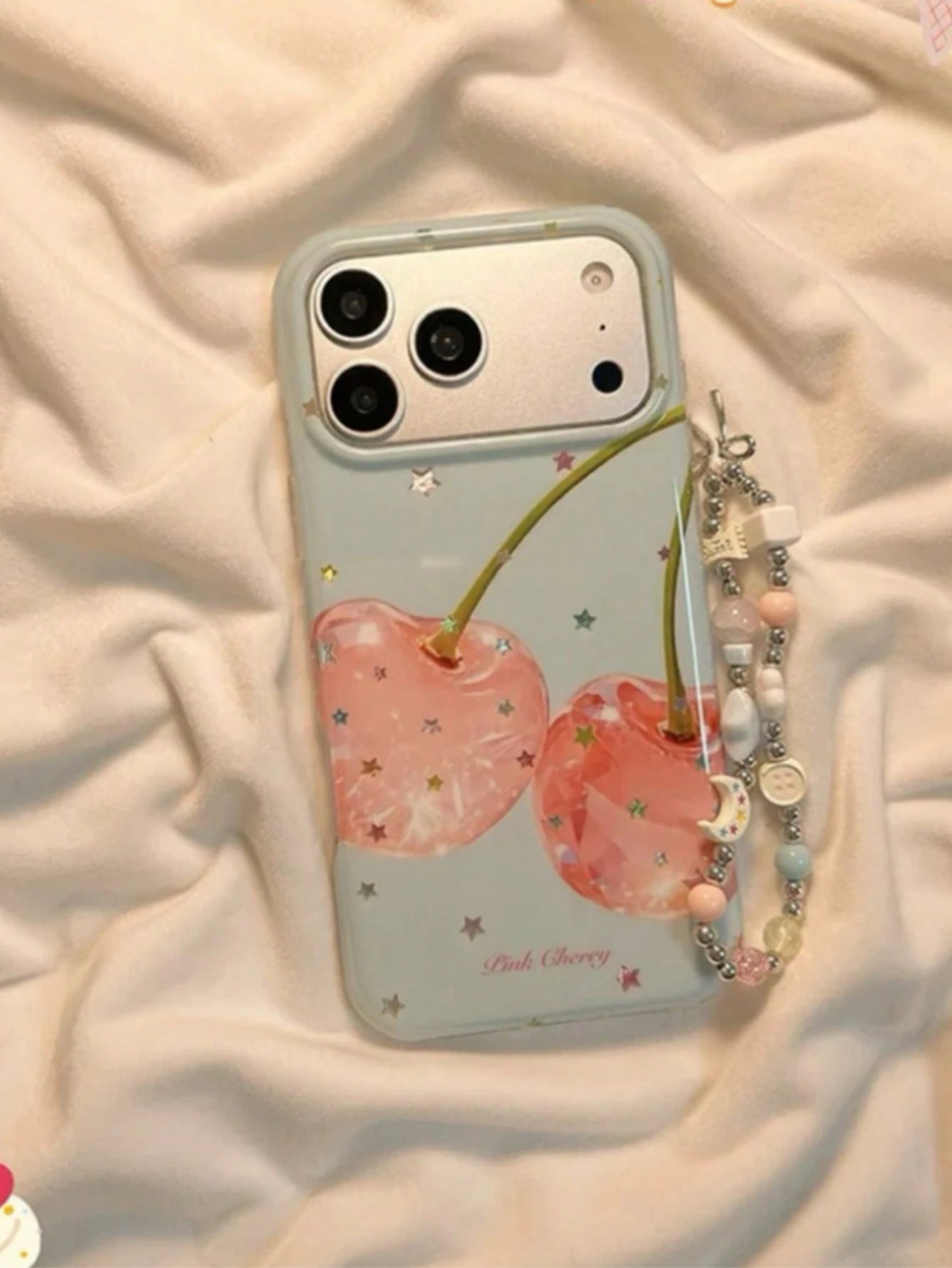 Summer Ins Healing Style Gold Star Cherry Phone Case Compatible With Apple 17 Pro Max, 16 Pro, 13, 14 Pro, 15 Pro With Chain, Full Coverage Anti-Drop Phone Cover For Women