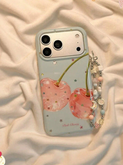 Summer Ins Healing Style Gold Star Cherry Phone Case Compatible With Apple 17 Pro Max, 16 Pro, 13, 14 Pro, 15 Pro With Chain, Full Coverage Anti-Drop Phone Cover For Women