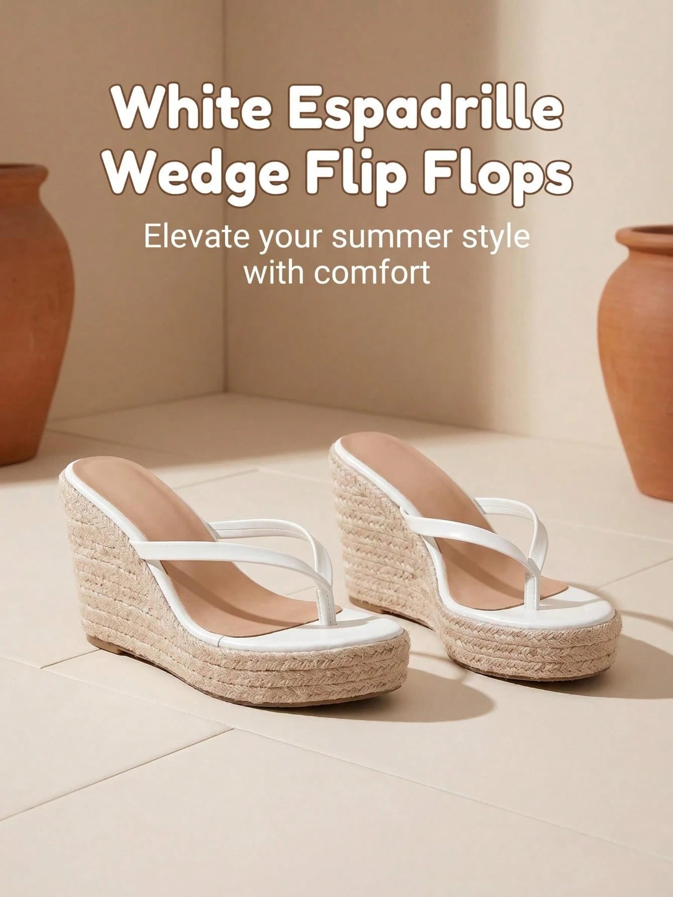 Summer Round Toe New Fashion Versatile White Thong Flip Flops Slip-On Rope Wedge Platform Thick Sole Women's Outdoor Beach Sandals High Heels Elegant Women's Shoes