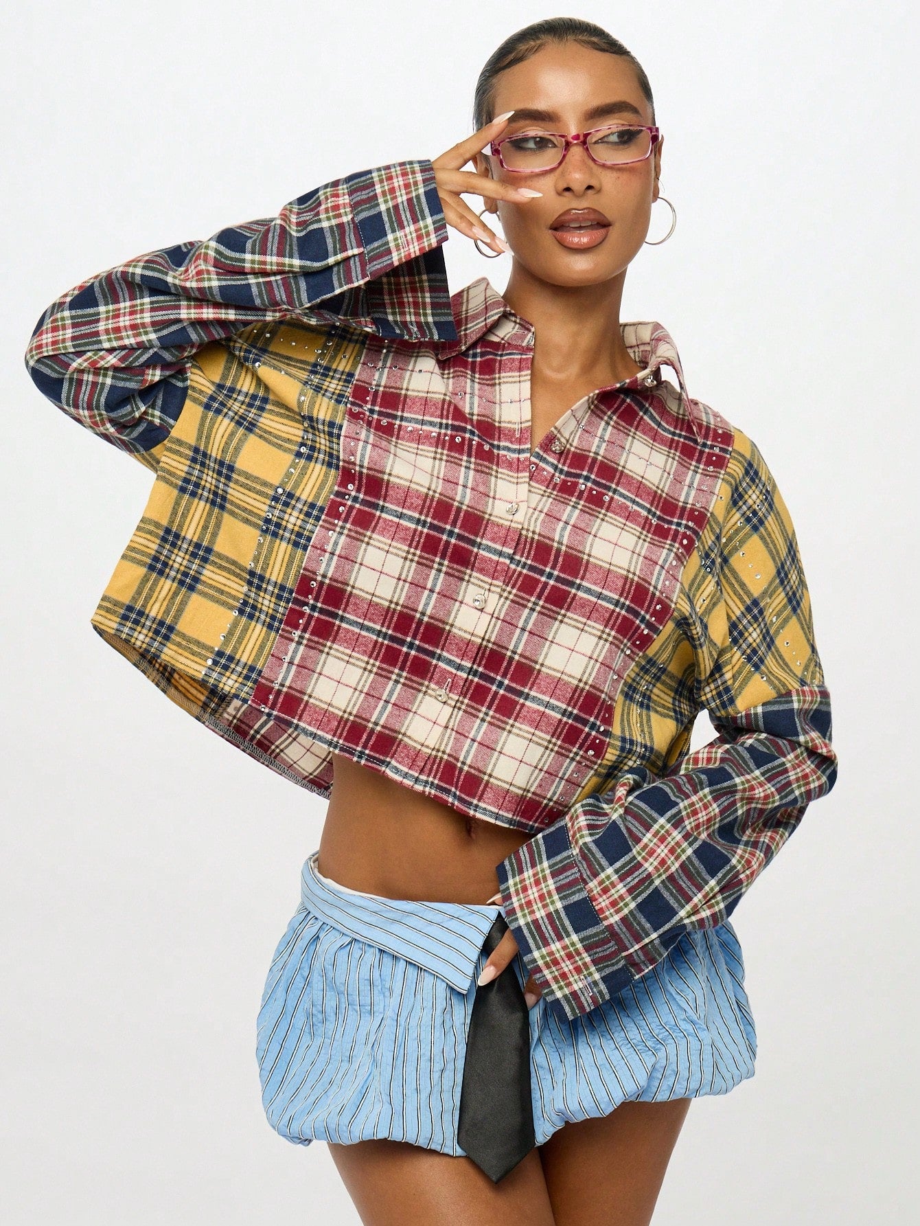 SUMWON Plus Size Patchwork Plaid Button Front Long Sleeve Shirt Fall