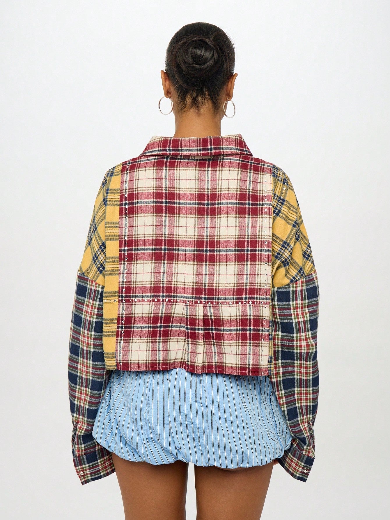 SUMWON Plus Size Patchwork Plaid Button Front Long Sleeve Shirt Fall