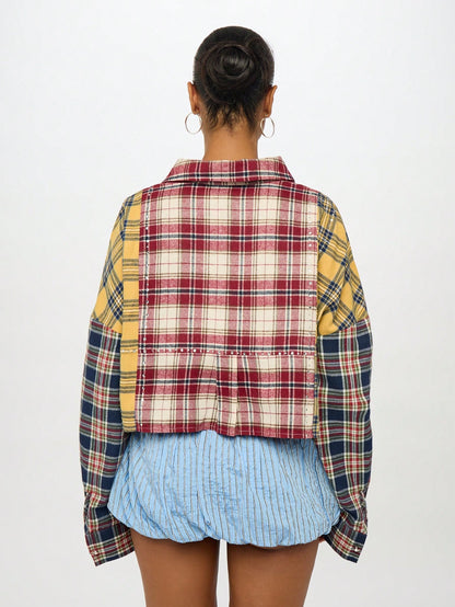 SUMWON Plus Size Patchwork Plaid Button Front Long Sleeve Shirt Fall