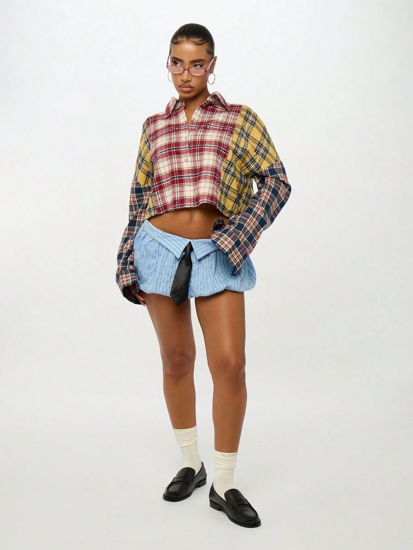 SUMWON Plus Size Patchwork Plaid Button Front Long Sleeve Shirt Fall
