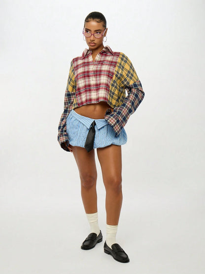 SUMWON Plus Size Patchwork Plaid Button Front Long Sleeve Shirt Fall