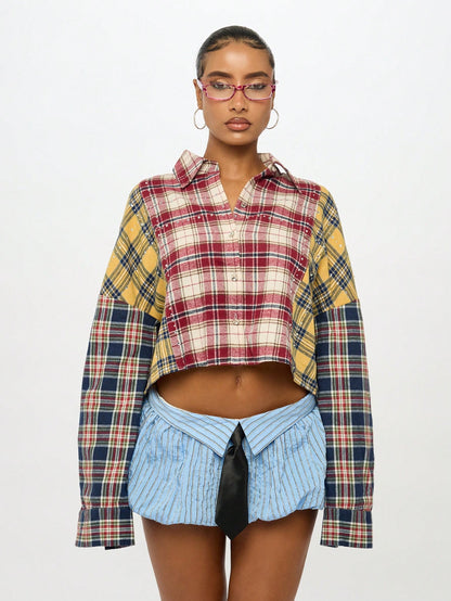 SUMWON Plus Size Patchwork Plaid Button Front Long Sleeve Shirt Fall