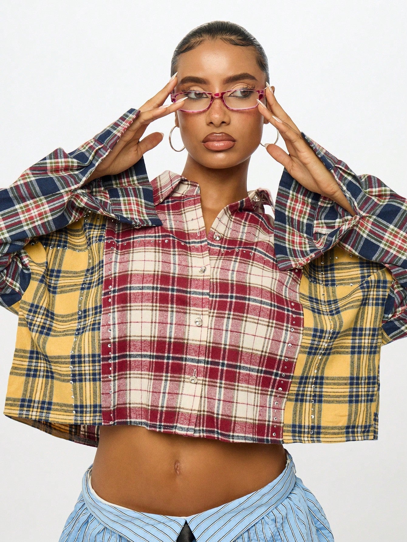 SUMWON Plus Size Patchwork Plaid Button Front Long Sleeve Shirt Fall