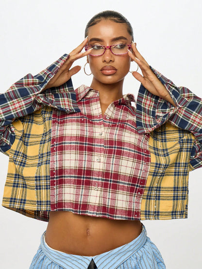 SUMWON Plus Size Patchwork Plaid Button Front Long Sleeve Shirt Fall