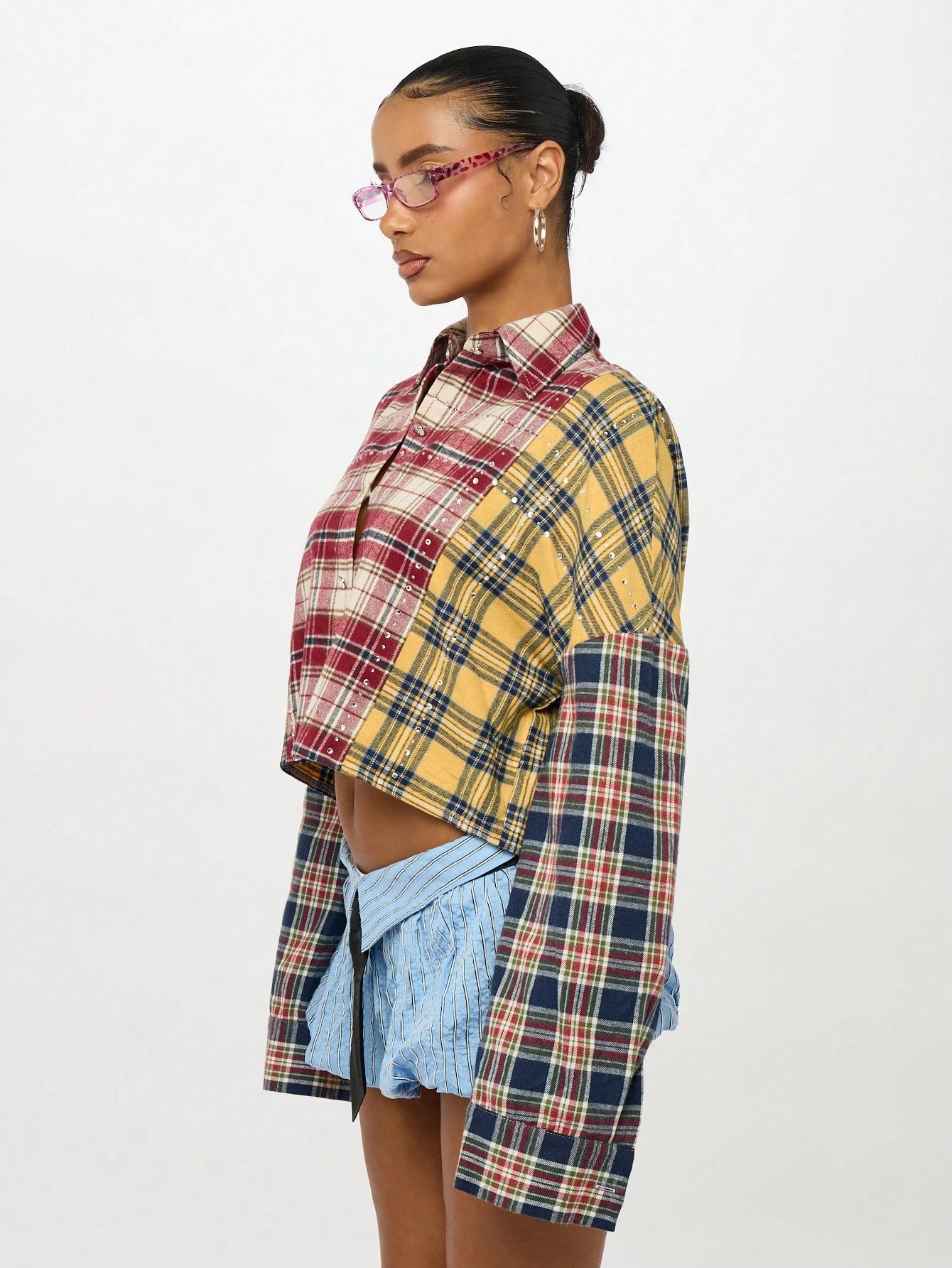 SUMWON Plus Size Patchwork Plaid Button Front Long Sleeve Shirt Fall
