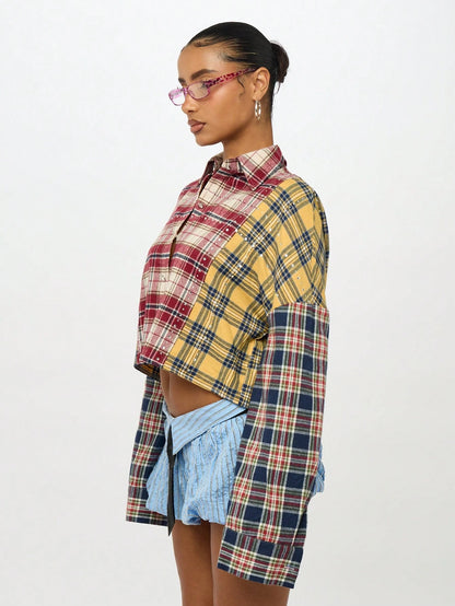 SUMWON Plus Size Patchwork Plaid Button Front Long Sleeve Shirt Fall