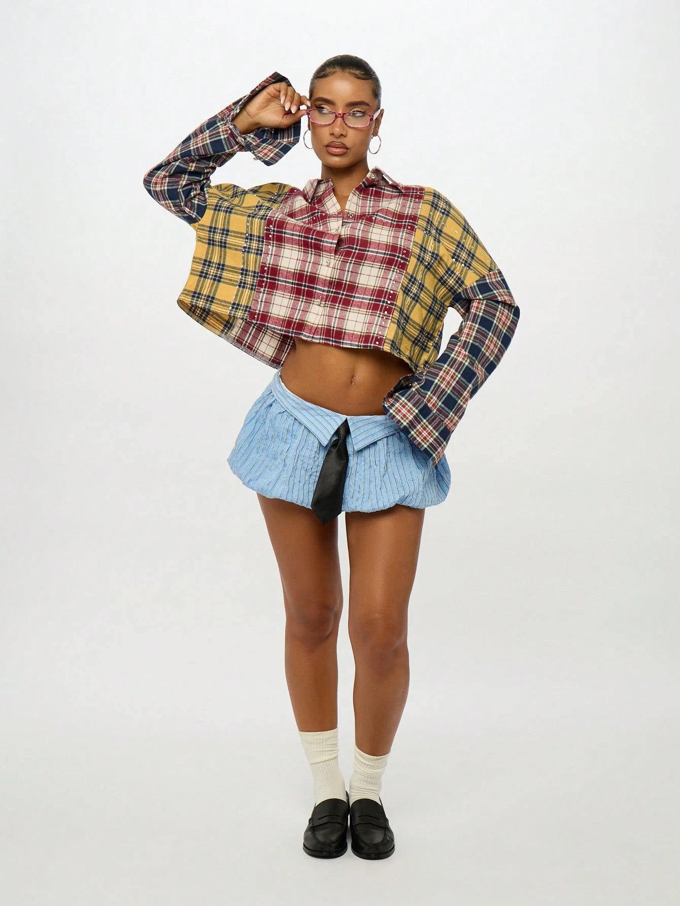SUMWON Plus Size Patchwork Plaid Button Front Long Sleeve Shirt Fall