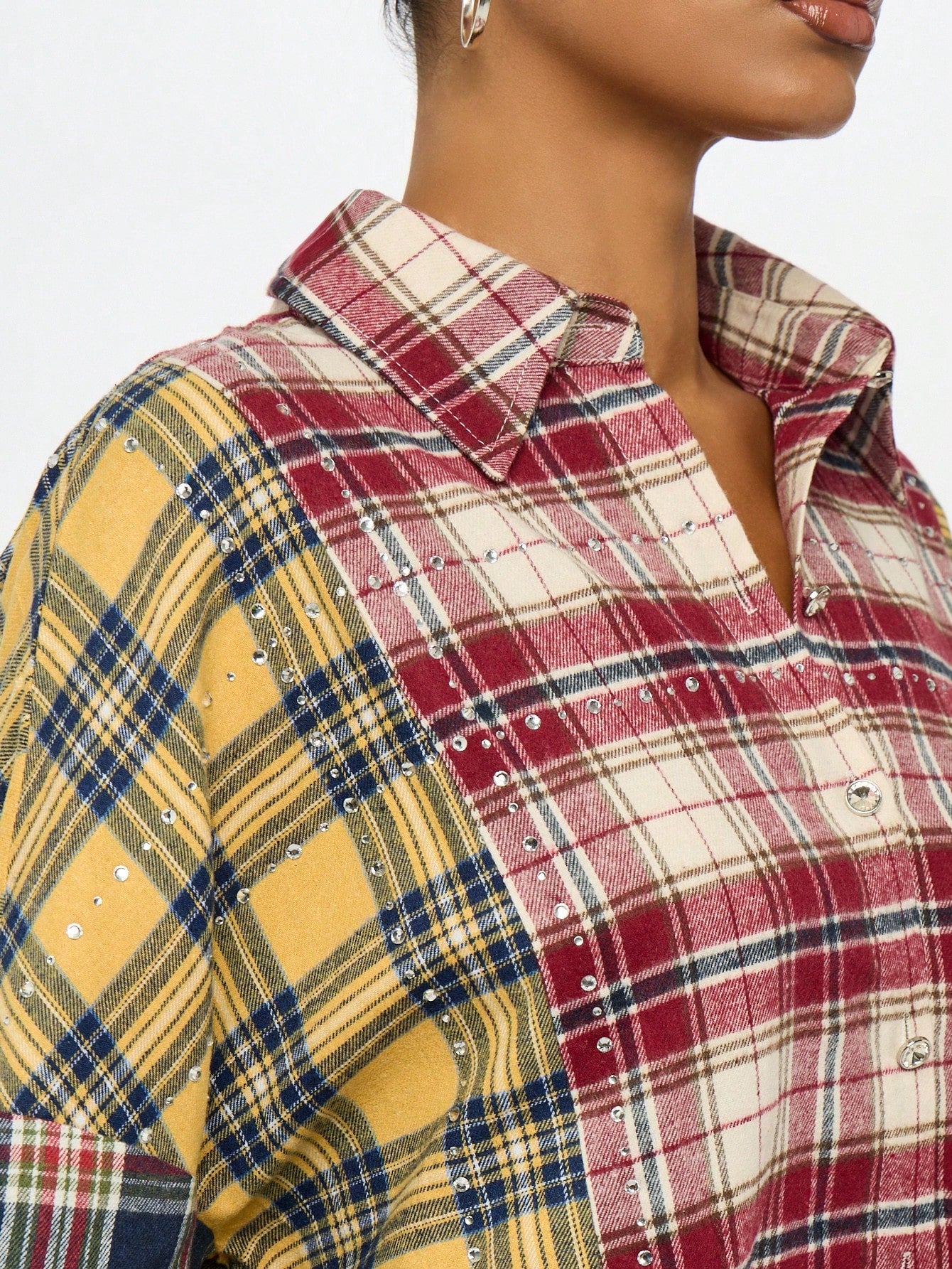 SUMWON Plus Size Patchwork Plaid Button Front Long Sleeve Shirt Fall