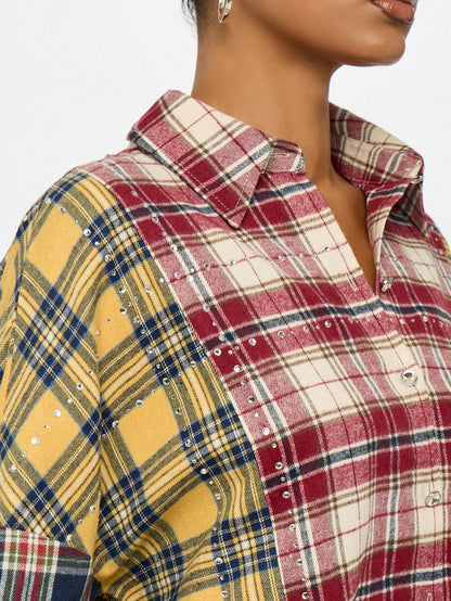 SUMWON Plus Size Patchwork Plaid Button Front Long Sleeve Shirt Fall