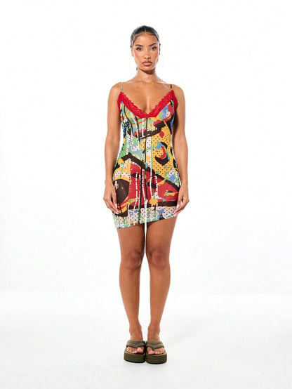 SUMWON WOMEN Women Lace Trim V Neck Abstract Patchwork Mini Dress With Asymmetric Hem And Spaghetti Straps For Party Night Out