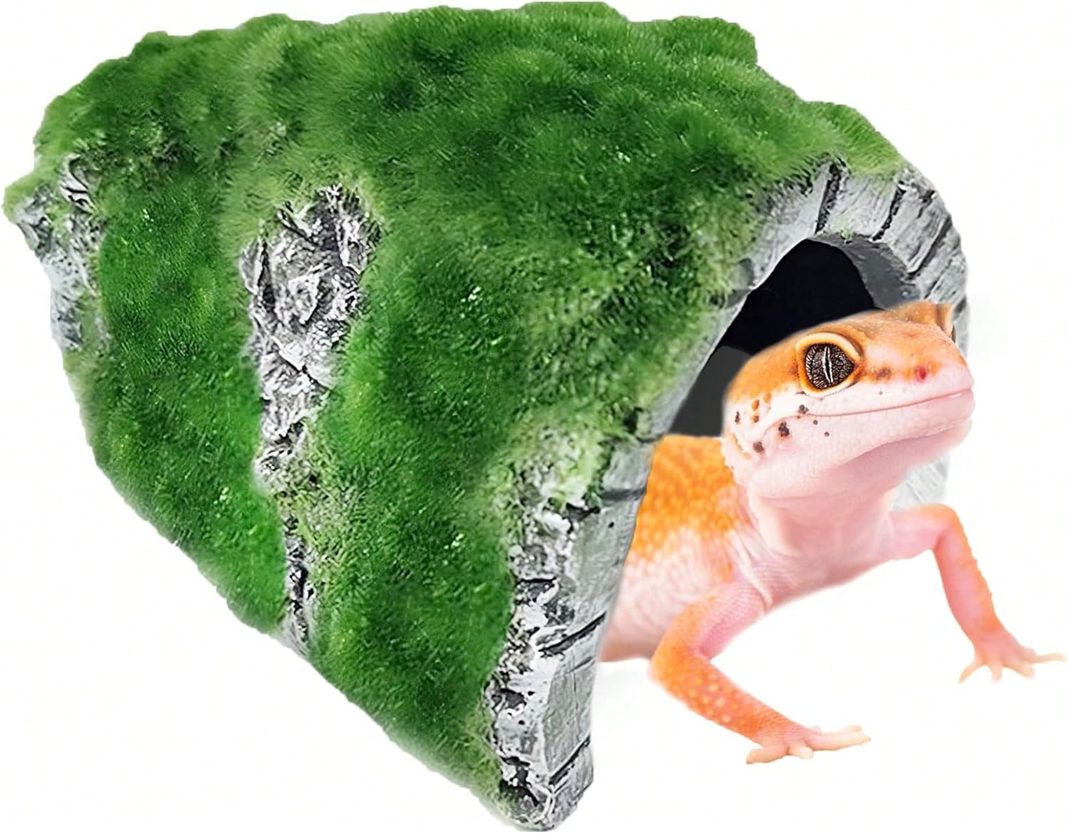 SunGrow Reptile Hideout Cave With Artificial Moss, Rock Habitat Shelter For Lizards, Snakes, Geckos, Frogs &Amp; Aquariums, Durable Resin Cave Decor, 6 X 3 X 4 Inches