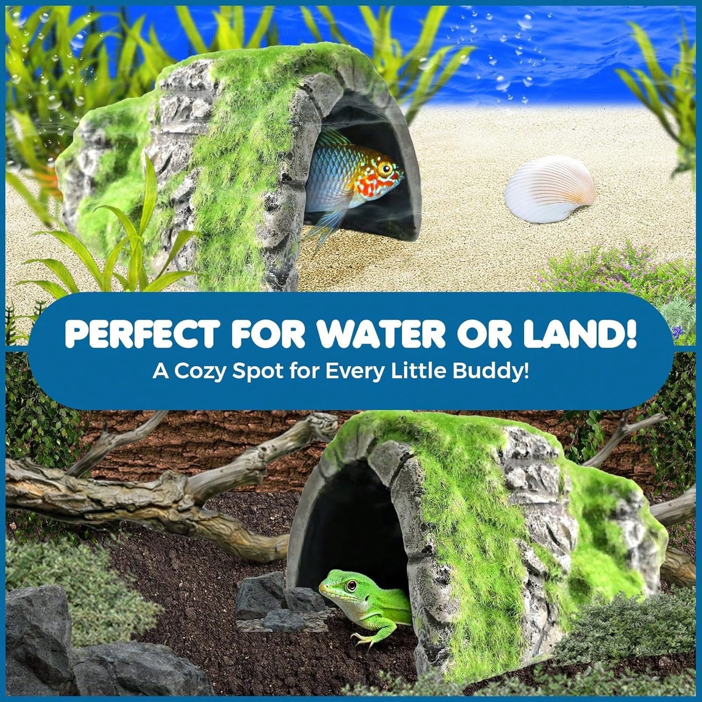 SunGrow Reptile Hideout Cave With Artificial Moss, Rock Habitat Shelter For Lizards, Snakes, Geckos, Frogs &Amp; Aquariums, Durable Resin Cave Decor, 6 X 3 X 4 Inches