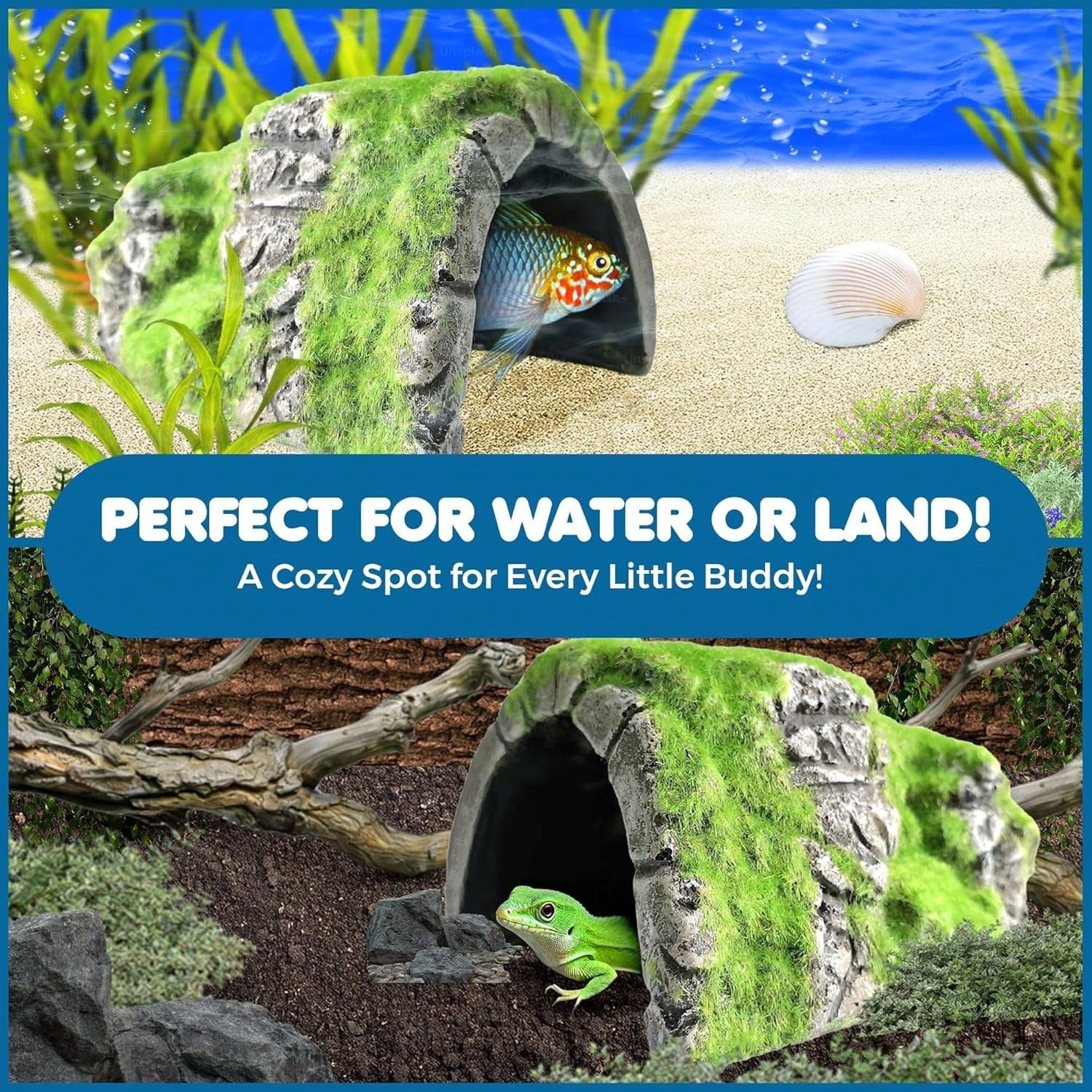 SunGrow Reptile Hideout Cave With Artificial Moss, Rock Habitat Shelter For Lizards, Snakes, Geckos, Frogs &Amp; Aquariums, Durable Resin Cave Decor, 6 X 3 X 4 Inches