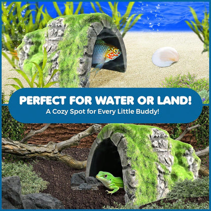 SunGrow Reptile Hideout Cave With Artificial Moss, Rock Habitat Shelter For Lizards, Snakes, Geckos, Frogs &Amp; Aquariums, Durable Resin Cave Decor, 6 X 3 X 4 Inches