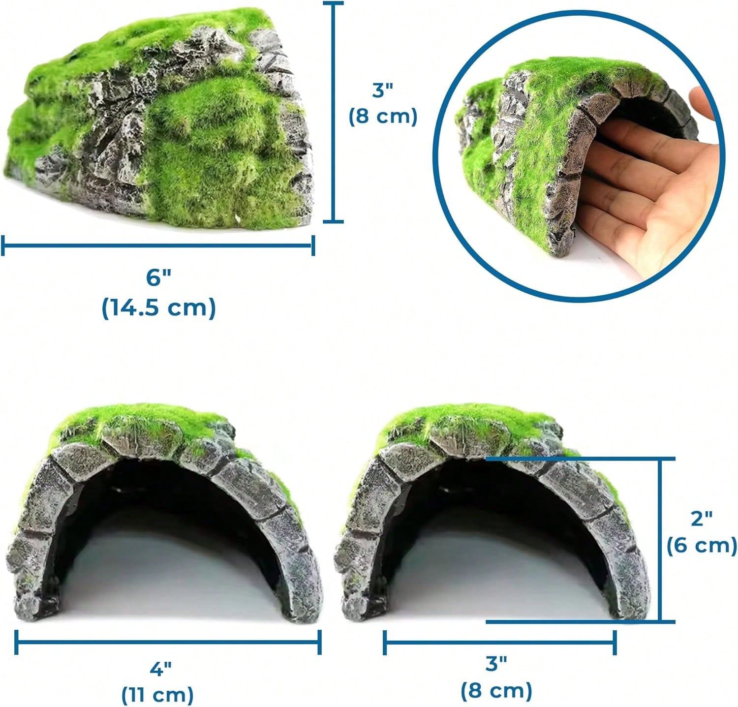 SunGrow Reptile Hideout Cave With Artificial Moss, Rock Habitat Shelter For Lizards, Snakes, Geckos, Frogs &Amp; Aquariums, Durable Resin Cave Decor, 6 X 3 X 4 Inches