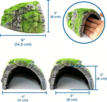SunGrow Reptile Hideout Cave With Artificial Moss, Rock Habitat Shelter For Lizards, Snakes, Geckos, Frogs &Amp; Aquariums, Durable Resin Cave Decor, 6 X 3 X 4 Inches